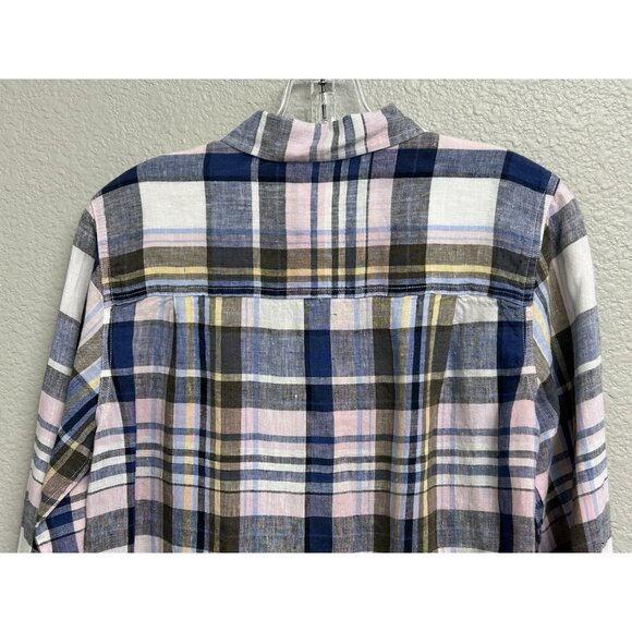 LL Bean Womens 100% Linen Plaid Button Up Collared Shirt Size Small Blue Blouse - Picture 7 of 9